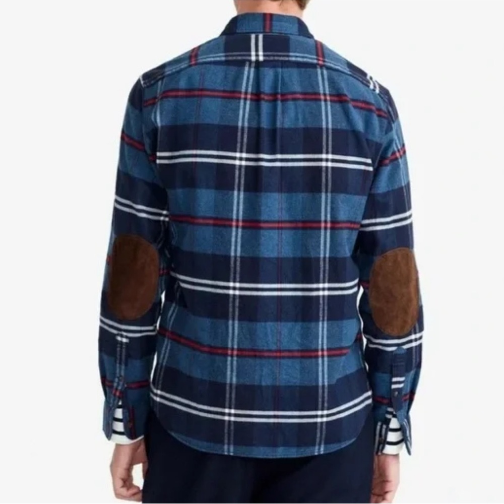 J Crew Elbow Patch Plaid Flannel Button Down Shirt Blue Brown Cotton Slim-M